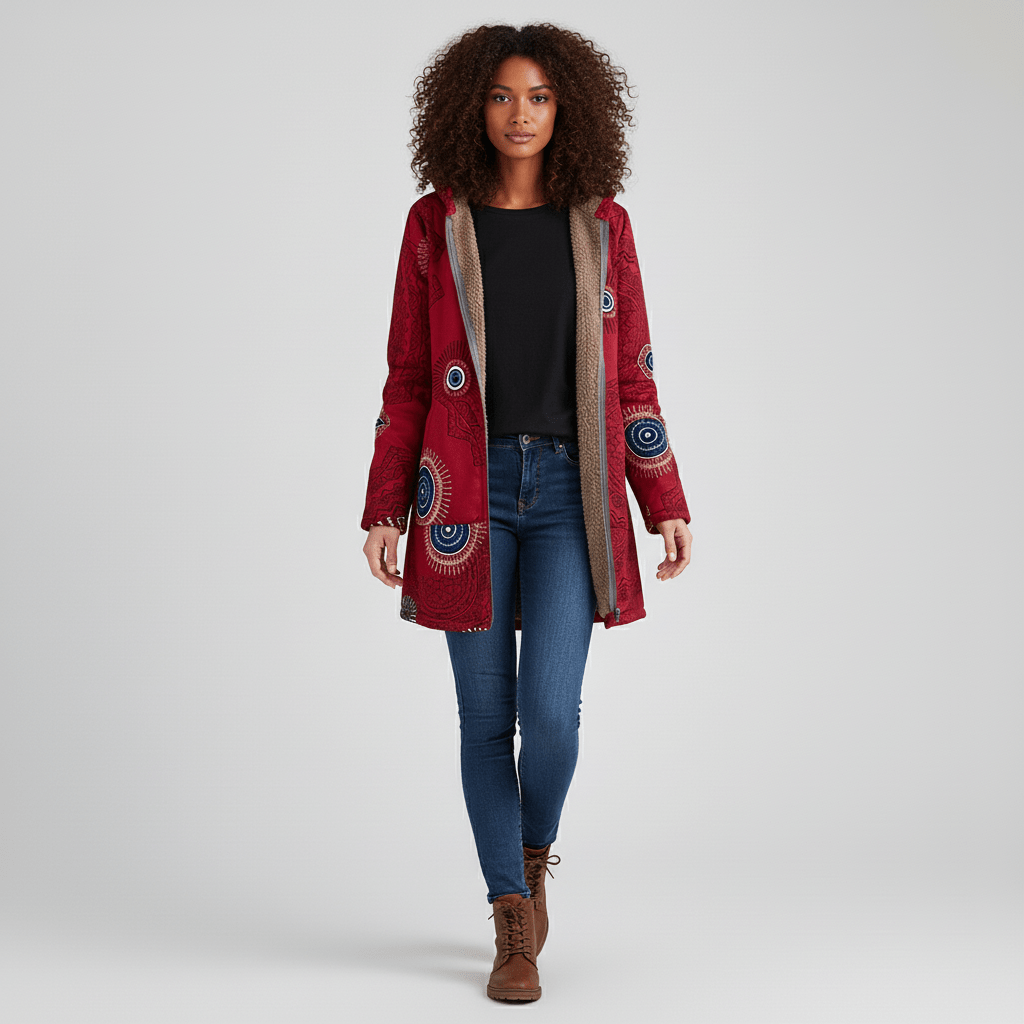 Bruine comfortabele lange damesjas met capuchon, getailleerd en warm, klaar voor de winter.
