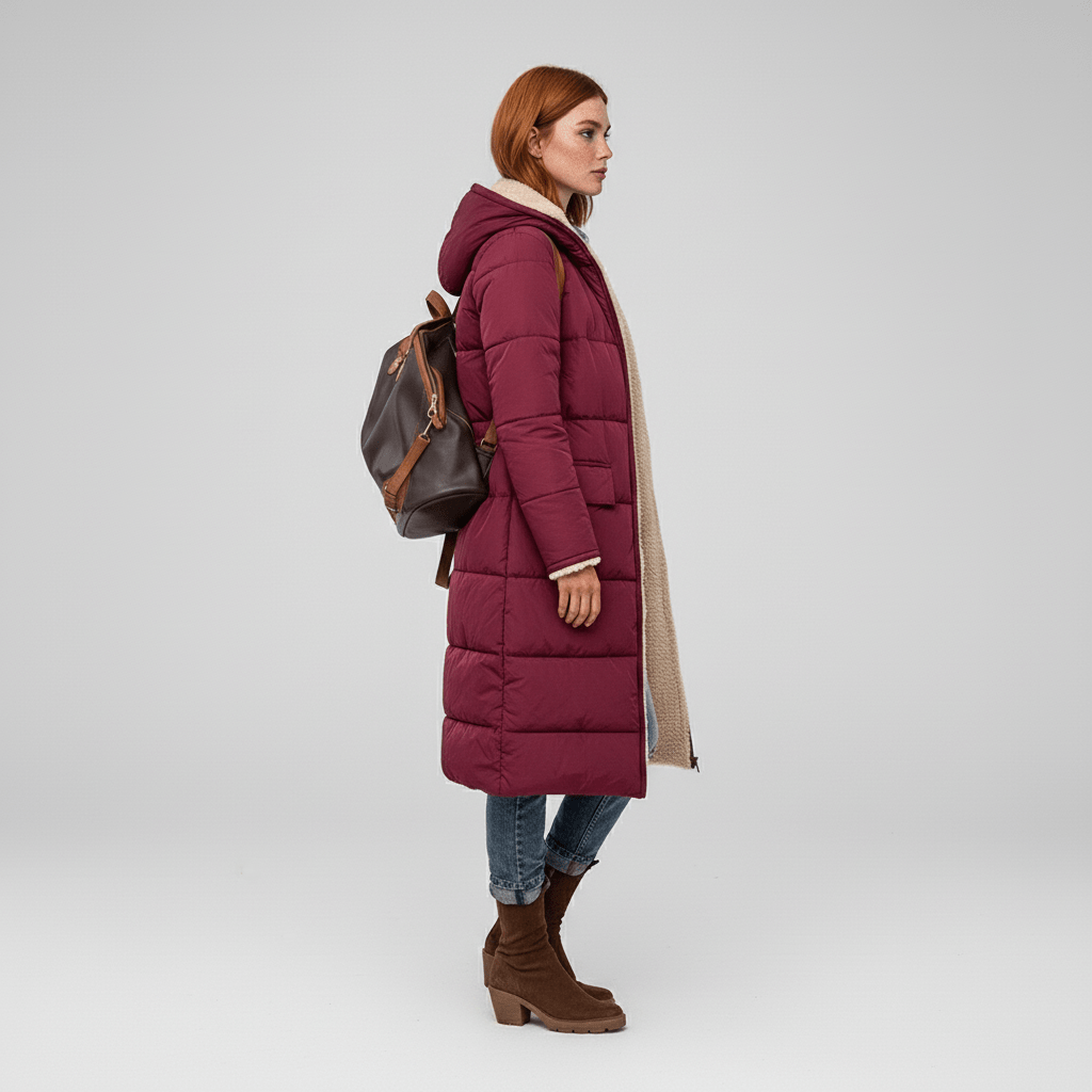 Casual lange doorgestikte winterjas voor dames, comfortabele en warme puffer coat. Essentieel winteritem.