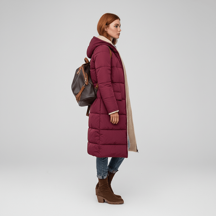 Casual lange doorgestikte winterjas voor dames, comfortabele en warme puffer coat. Essentieel winteritem.
