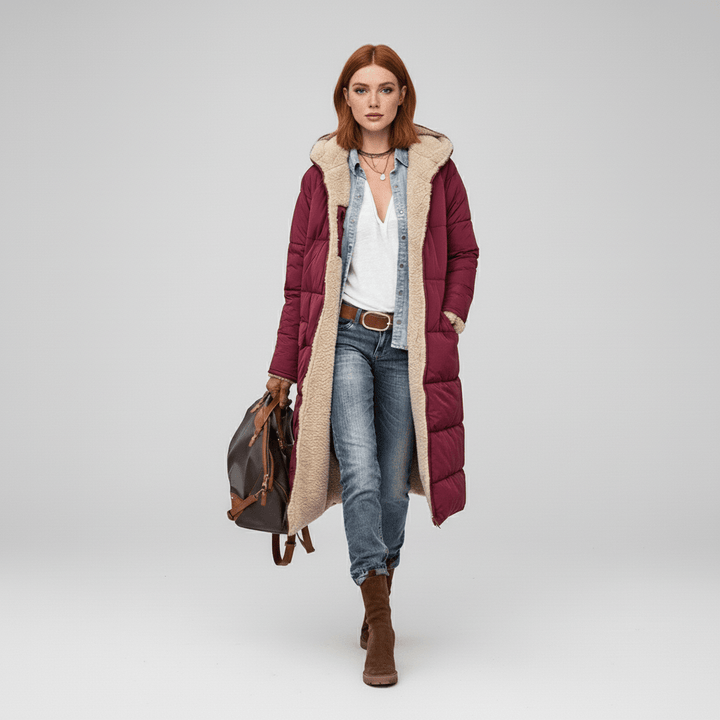 Lillian doorgestikte winterjas, lange gewatteerde damesmantel. Stijlvol, warm en een mode statement.
