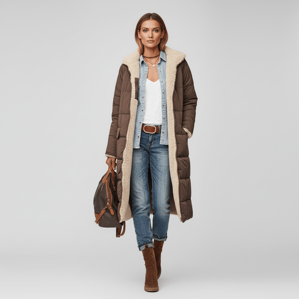 Modieuze lange dames winterjas, gewatteerd en doorgestikt. Buitenkleding die warmte en elegantie uitstraalt.