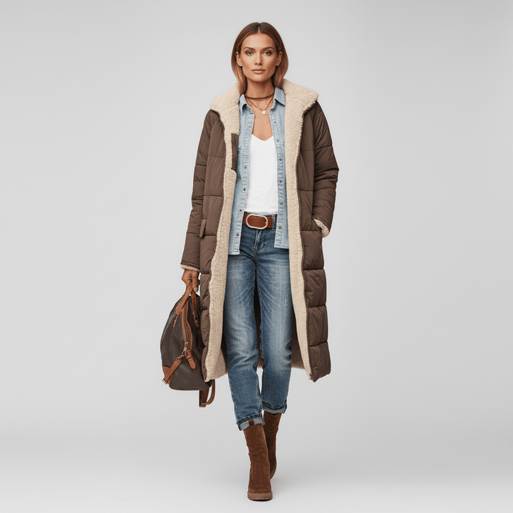Modieuze lange dames winterjas, gewatteerd en doorgestikt. Buitenkleding die warmte en elegantie uitstraalt.
