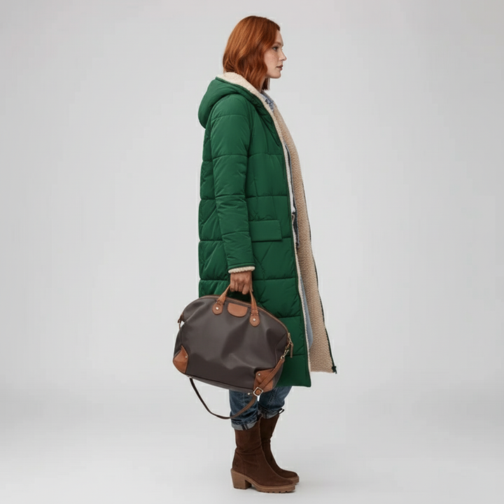 Comfortabele doorgestikte winterjas dames, lange mantel Lillian. Ideaal voor casual en warme winterdagen.