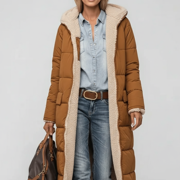 Lange gewatteerde dames winterjas, modieuze en comfortabele puffer coat. Perfect voor dagelijks gebruik.
