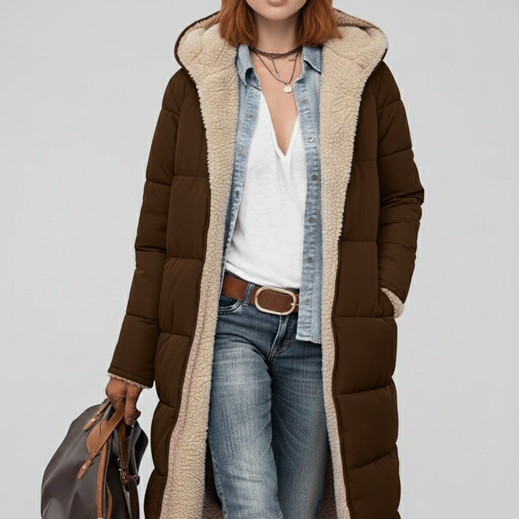 Moderne doorgestikte winterjas dames, lange puffer coat. Warm, trendy en essentieel voor de winter.