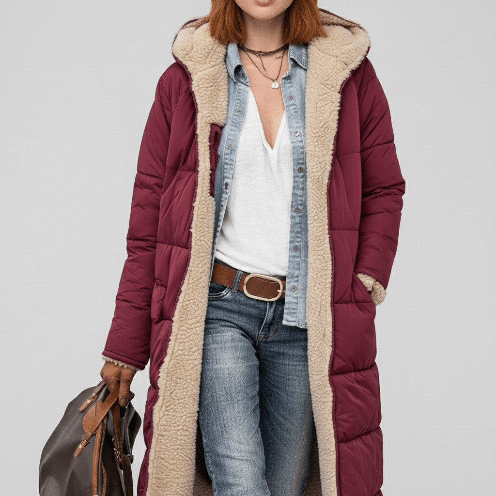 Dames winterjas, lange gewatteerde mantel Lillian. Stijlvol doorgestikt voor warmte en comfort in de winter.