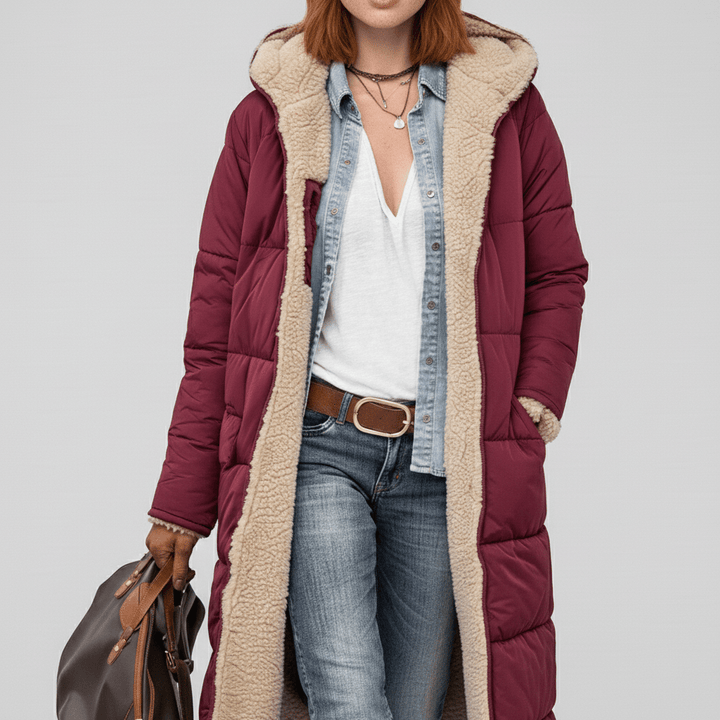 Dames winterjas, lange gewatteerde mantel Lillian. Stijlvol doorgestikt voor warmte en comfort in de winter.
