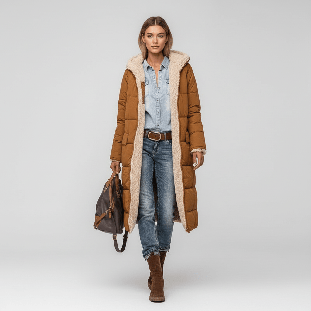 Moderne doorgestikte winterjas voor dames, lange mantel die warmte en elegantie combineert. Perfecte buitenkleding.
