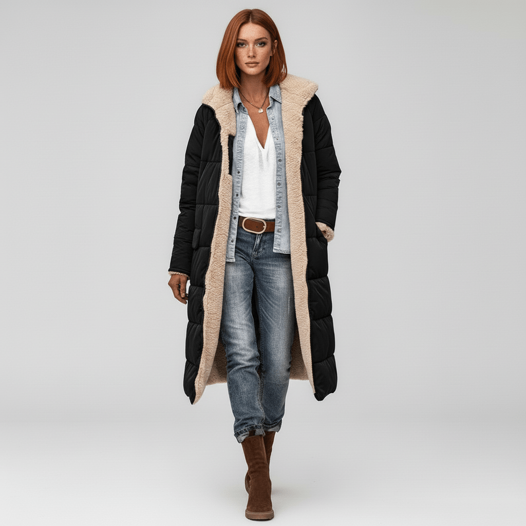 Comfortabele lange dames winterjas, gewatteerde puffer coat Lillian. Heerlijk warm voor de winter.