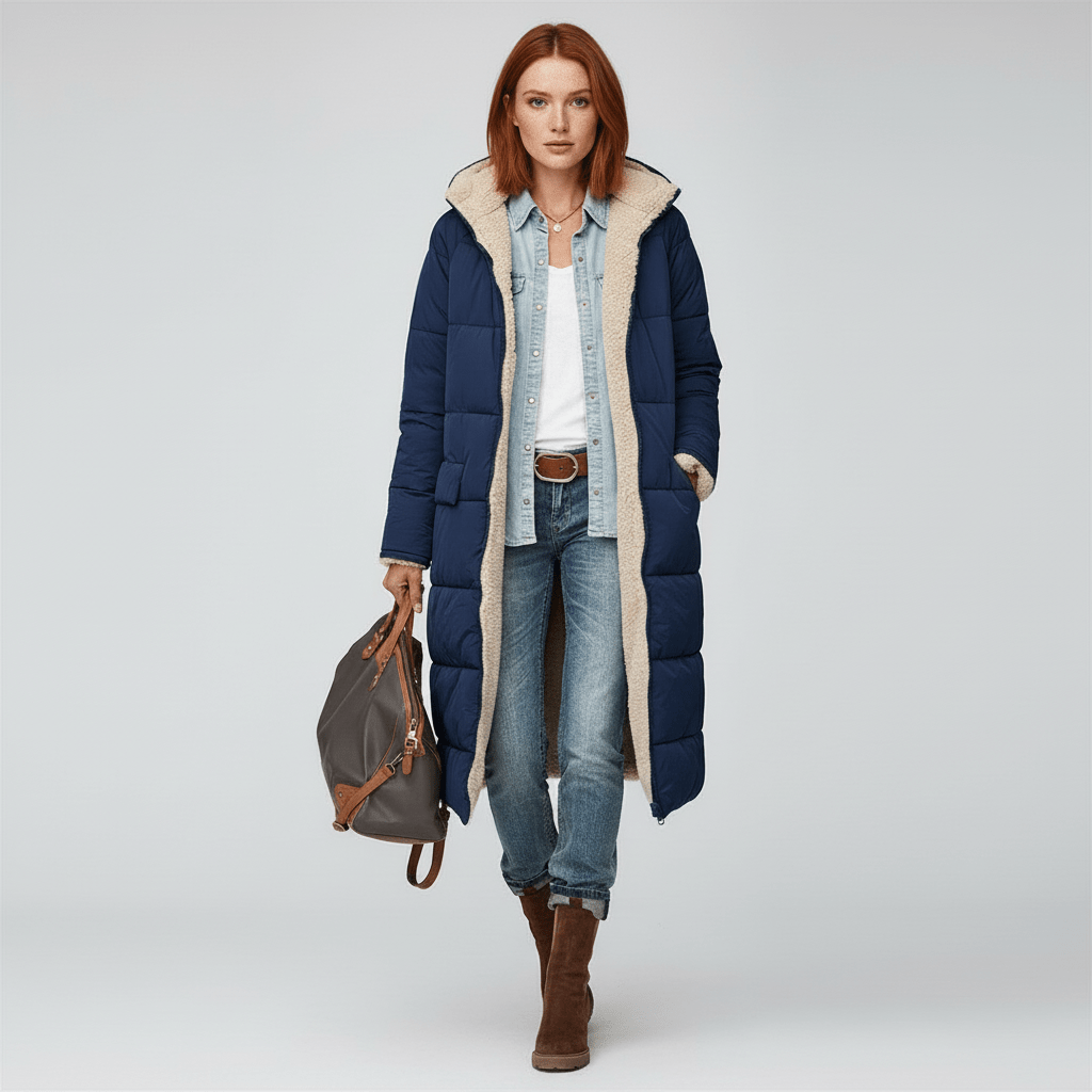Lillian lange doorgestikte winterjas, warme damesmantel voor optimaal comfort. Perfect voor koude dagen.