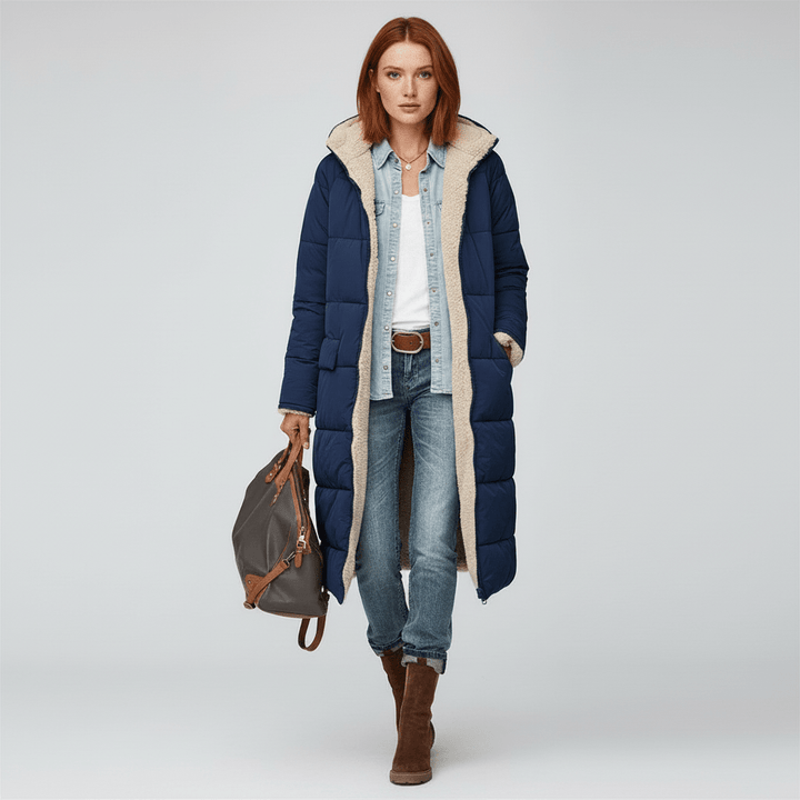 Lillian lange doorgestikte winterjas, warme damesmantel voor optimaal comfort. Perfect voor koude dagen.