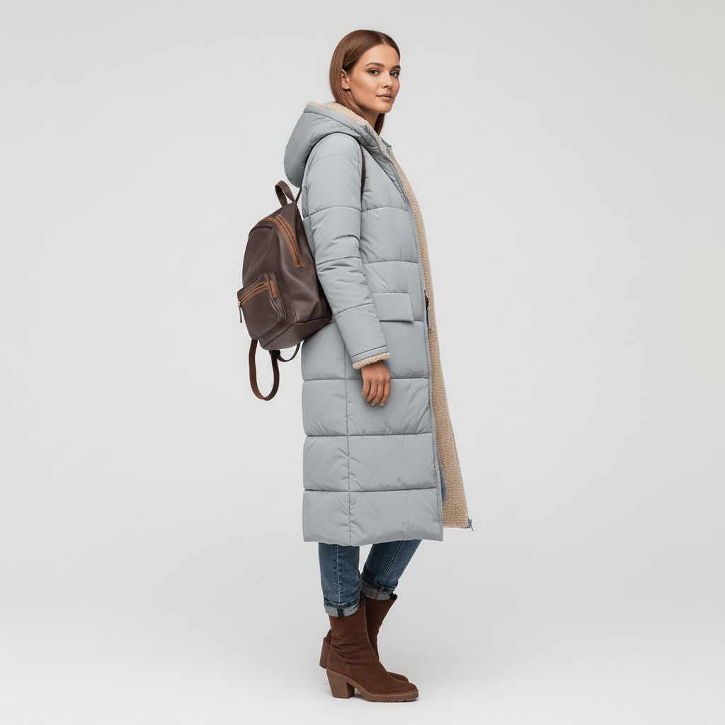 Warme en trendy lange damesjas, doorgestikt design. Ideaal voor winterse buitenactiviteiten en mode.
