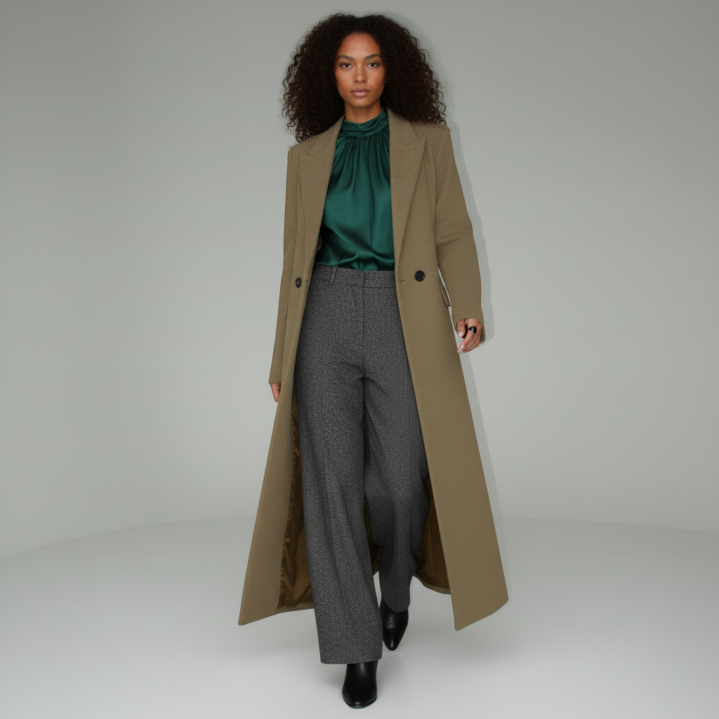 Minimalistische robijnrode lange jas voor dames, getailleerd voor een elegante en zakelijke look.