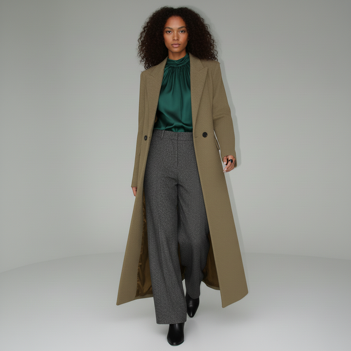 Minimalistische robijnrode lange jas voor dames, getailleerd voor een elegante en zakelijke look.