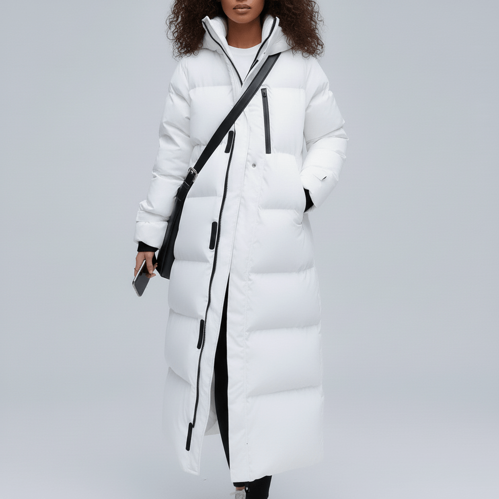 Dames lange geïsoleerde winterjas Abigail, gewatteerd en extra warm met capuchon voor optimale bescherming.