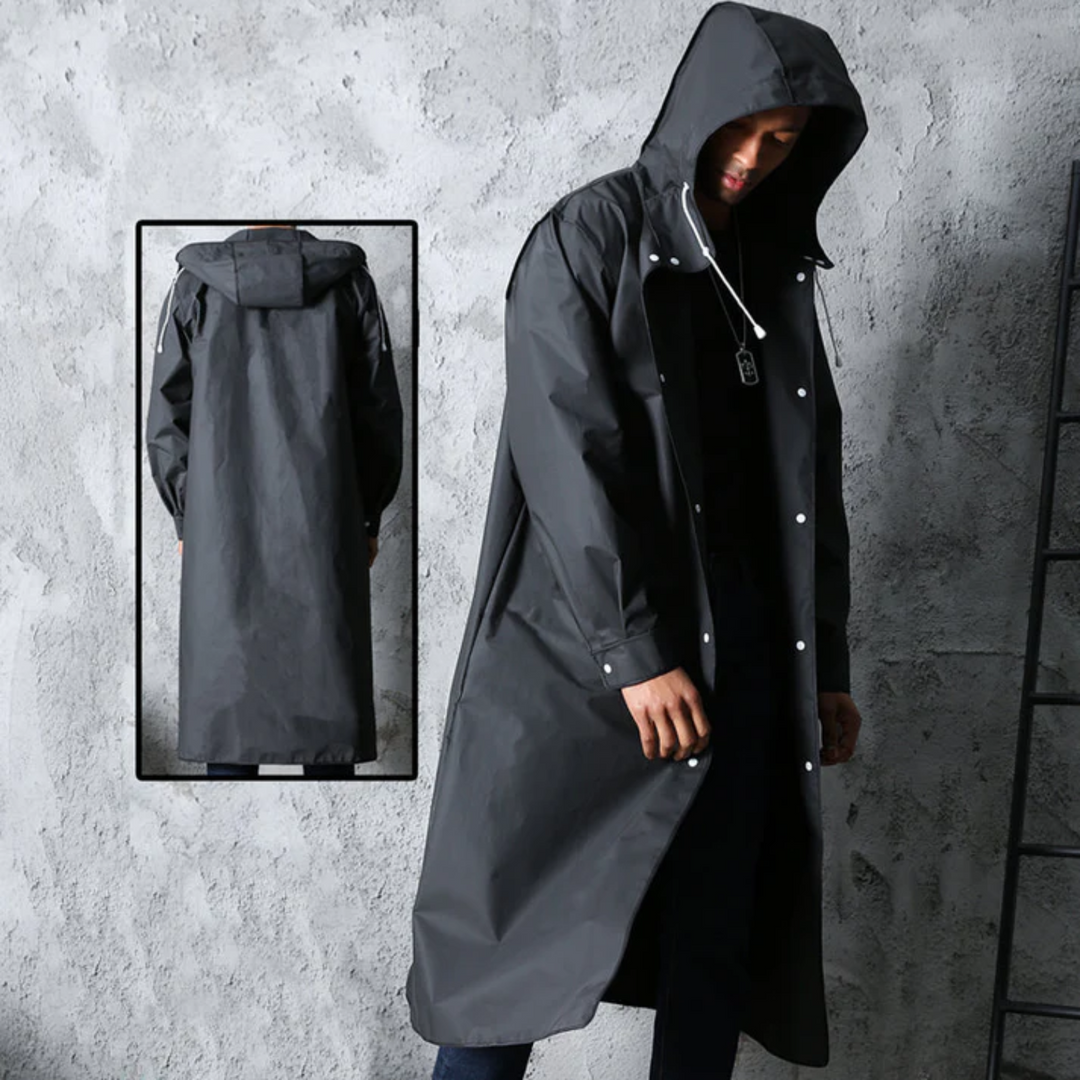 Modieuze lange waterdichte heren regenjas Titan. Ideaal als herfst- of winterjas, met comfortabele capuchon.