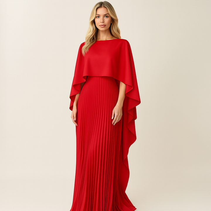 Dames elegante lange avondjurk 'Amelie' met vleermuismouw en plissé details, ideaal voor een formele avond. (118 chars)