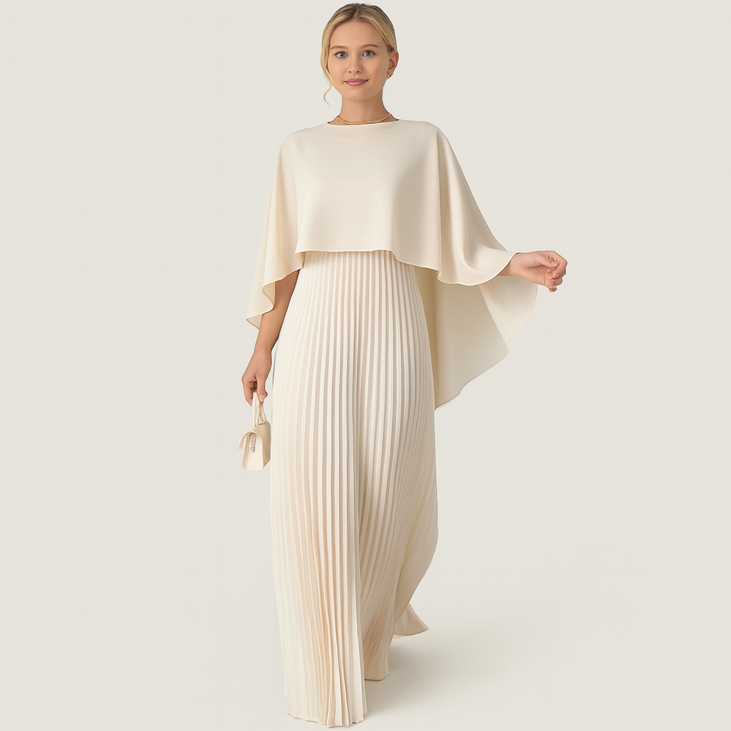 Dames elegante maxi-avondjurk 'Amelie' met vleermuismouw en plissé rok, perfect voor gala. (105 chars)