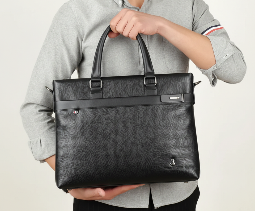 Functionele unisex laptoptas van PU leer met meerdere vakken voor documenten en laptop. Perfect voor business.