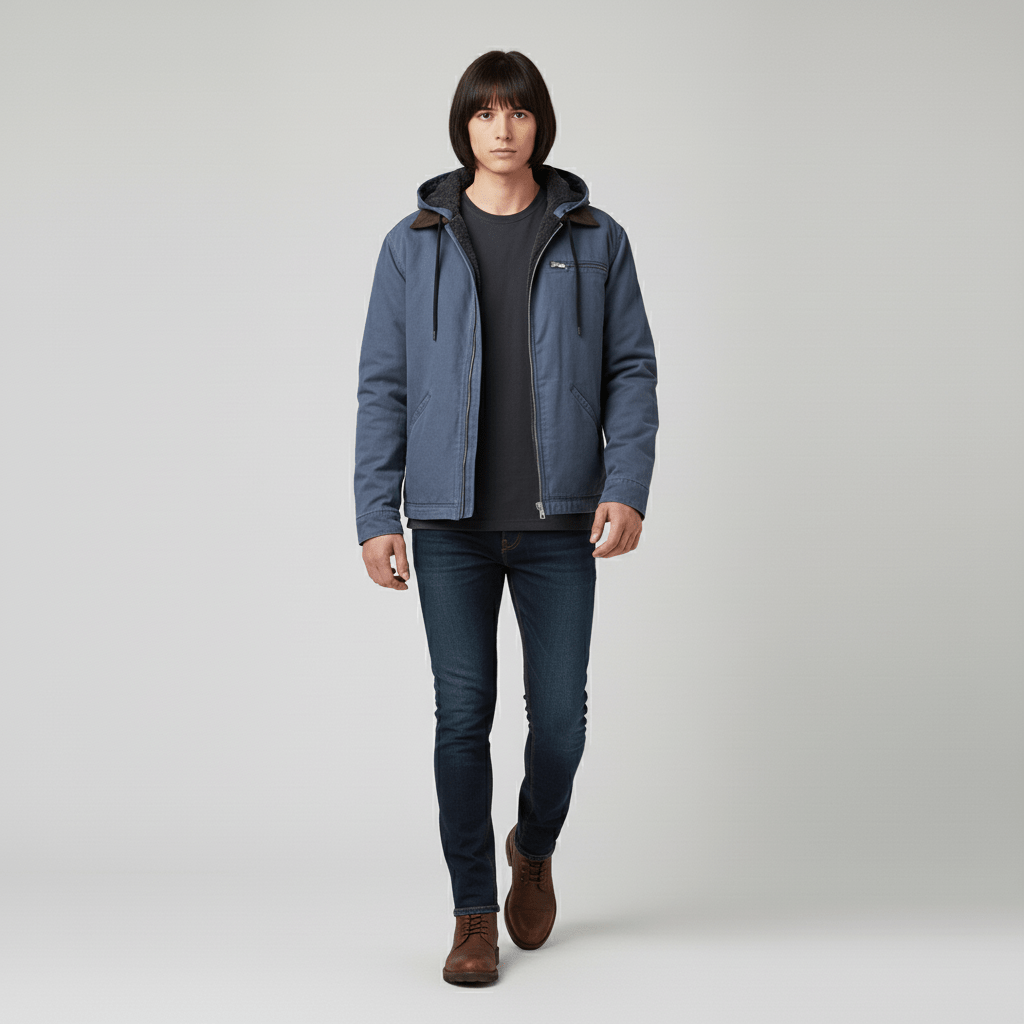 Zijaanzicht van een stijlvol heren vest met capuchon, comfortabel en modern voor elke dag.