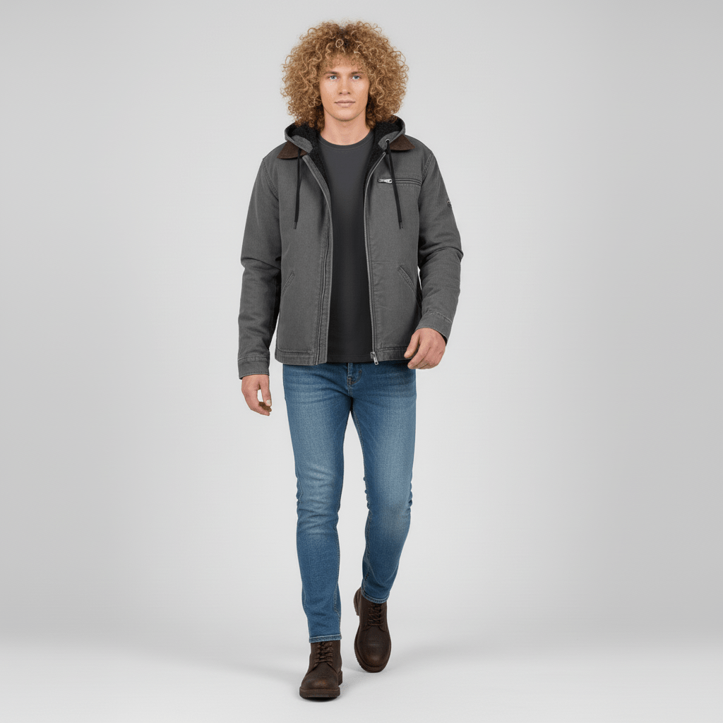 Detail van de stof van deze comfortabele heren hoodie, perfect voor een sportieve casual laagjes stijl.