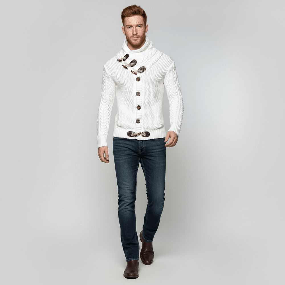 Nicholas chunky knit cardigan voor heren, warm en casual met opstaande colkraag.