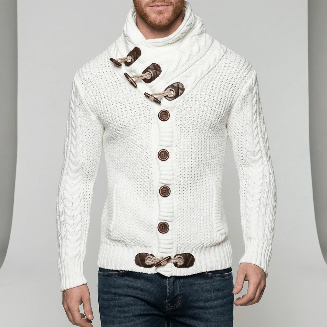Essentiële herenkleding: comfortabele grofgebreide herencardigan Nicholas voor herfst en winter.