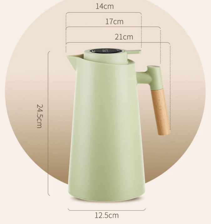 Moderne RVS thermoskan met stijlvol houten handvat, dubbelwandig en voorzien van handige temperatuurweergave.