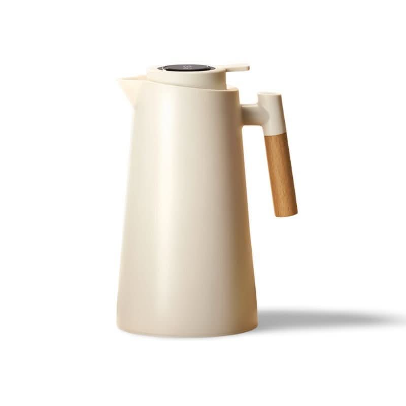 Robuuste dubbelwandige RVS thermoskan met houten handvat en temperatuurweergave, perfect voor dagelijks gebruik.