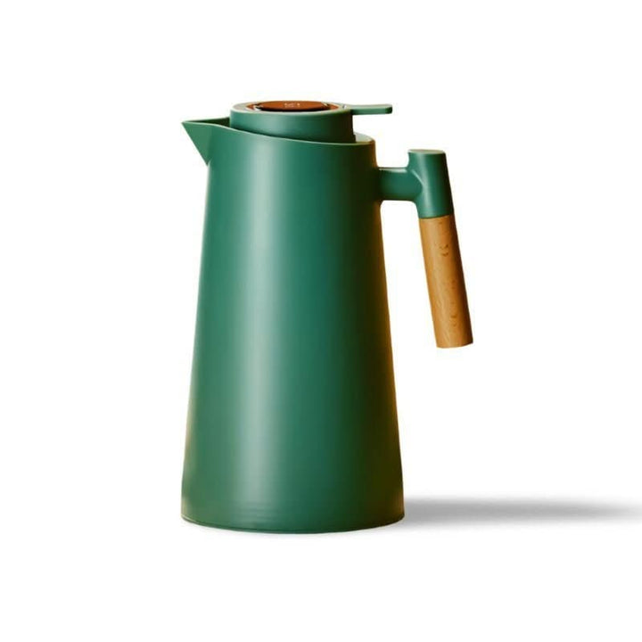 Thermoskan met temperatuurweergave, dubbelwandig RVS, houten handvat, ideaal voor warme of koude dranken.
