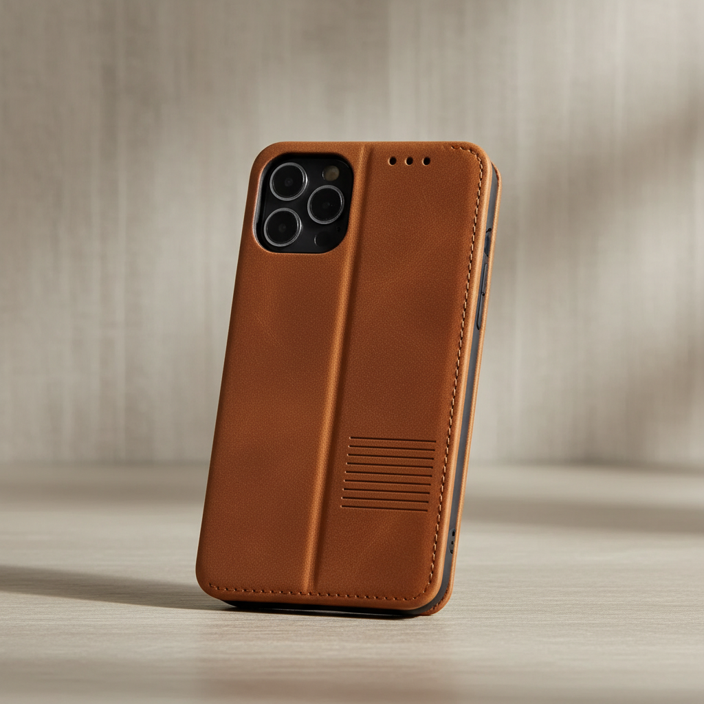 Zwarte leren klaphoes voor iPhone met kaartenvak. Luxe telefoonhoesje biedt optimale bescherming en opbergruimte.