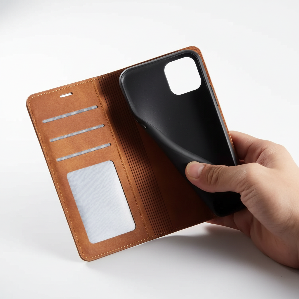 Bruine leren klaphoes met kaarthouder voor iPhone 15. Stijlvol, duurzaam en beschermt tegen dagelijkse schade.
