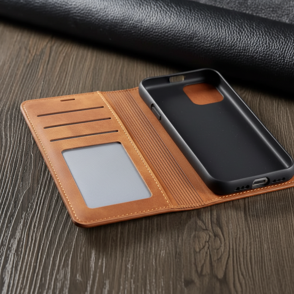 Blauwe leren telefoonhoes met kaartsleuven voor iPhone 14. Houdt pasjes bij de hand en beschermt je toestel volledig.