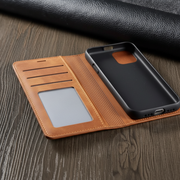 Blauwe leren telefoonhoes met kaartsleuven voor iPhone 14. Houdt pasjes bij de hand en beschermt je toestel volledig.