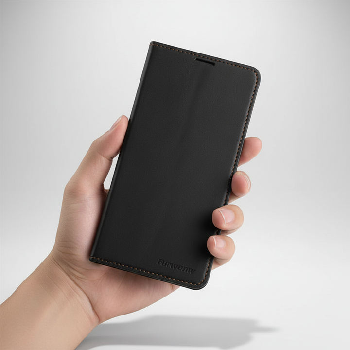 Luxe rode leren klaphoes voor iPhone 13. Elegant hoesje met ingebouwde kaartenhouder en stevige bescherming.