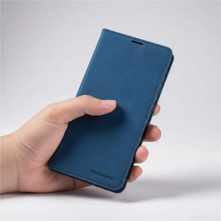 Leren klaphoes voor iPhone opengeklapt. Toont meerdere kaartenvakken en is verkrijgbaar in diverse kleuren.