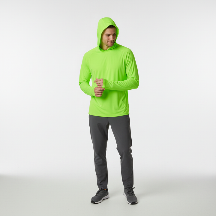 Grijze heren UV-beschermende hoodie, ideaal voor buitenactiviteiten en sport.