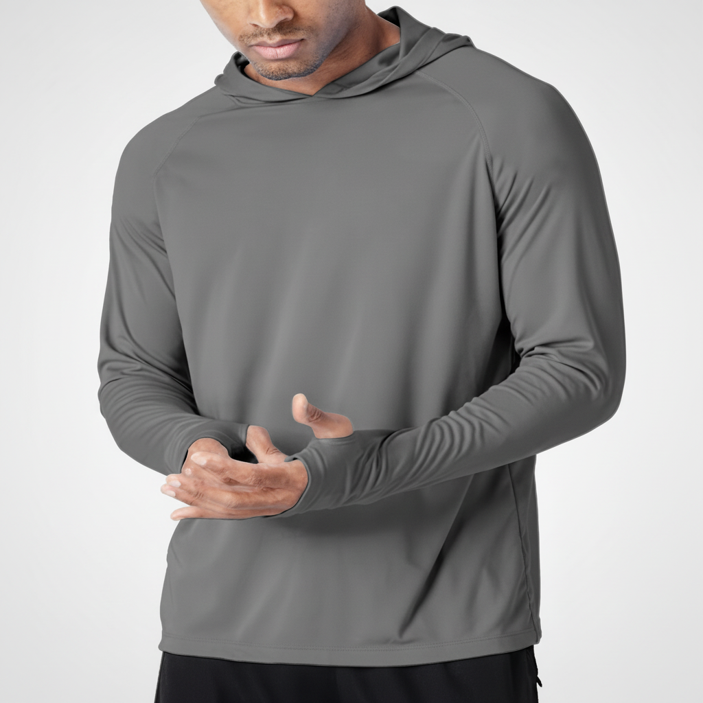 Sportieve heren UV-hoodie, perfect voor hardlopen of vissen; zonbescherming gegarandeerd.