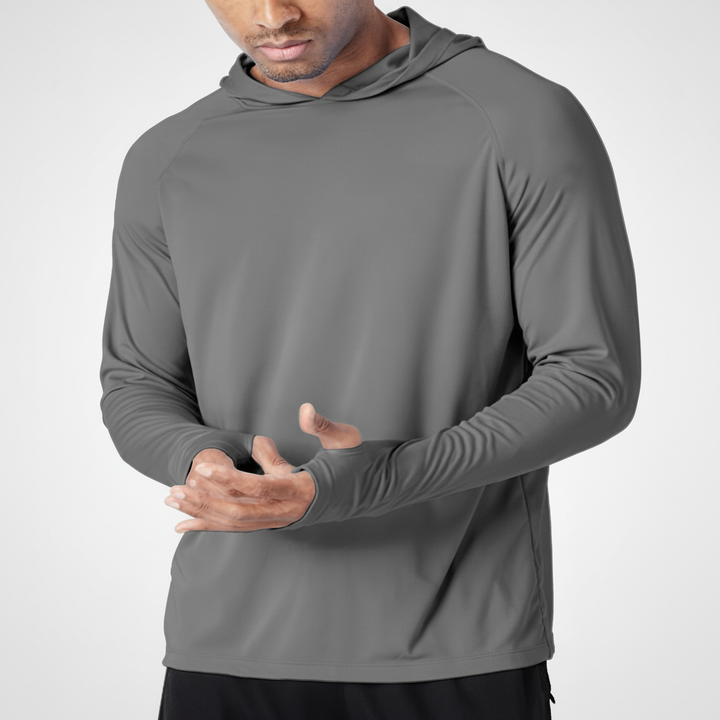 Sportieve heren UV-hoodie, perfect voor hardlopen of vissen; zonbescherming gegarandeerd.