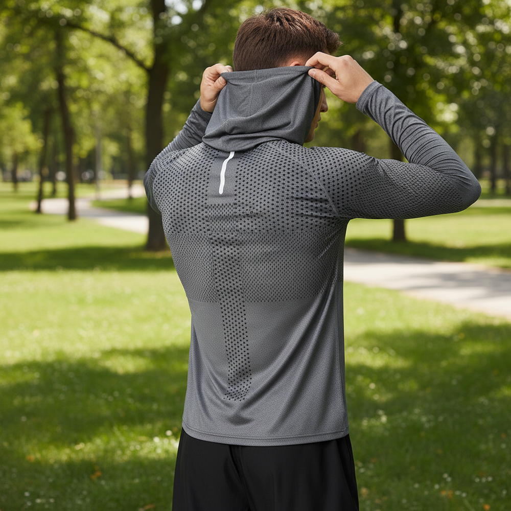 Ademend heren trainingsshirt met capuchon, ideaal voor hardlopen, lichtgewicht functioneel textiel.