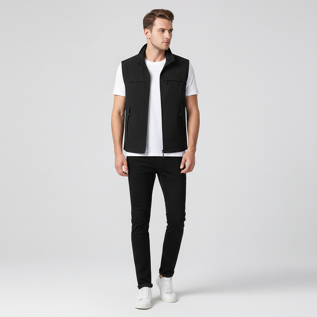 Detail van ademende stof van lichtgewicht heren sportvest Vinny, ideaal voor zweetafvoer.