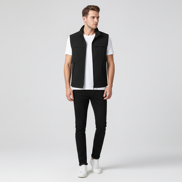 Detail van ademende stof van lichtgewicht heren sportvest Vinny, ideaal voor zweetafvoer.