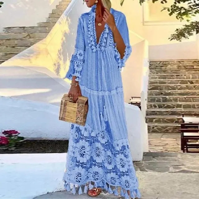 Vrouwen casual lange jurk met bohemian stijl, kwastjes en kleurrijke print; een stralende zomerjurk voor vakantie.