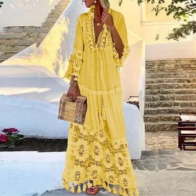 Comfortabele losse lange damesjurk in bohemian stijl, perfect als casual zomerjurk of elegante strandjurk.