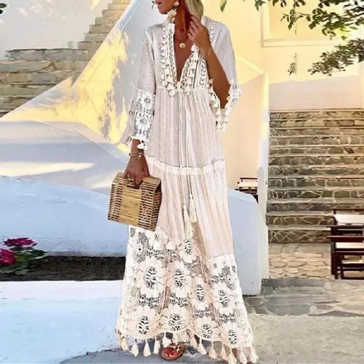Veelzijdige lange bohemian damesjurk, ideaal als elegante zomerjurk, strandjurk of casual vakantiekleding.