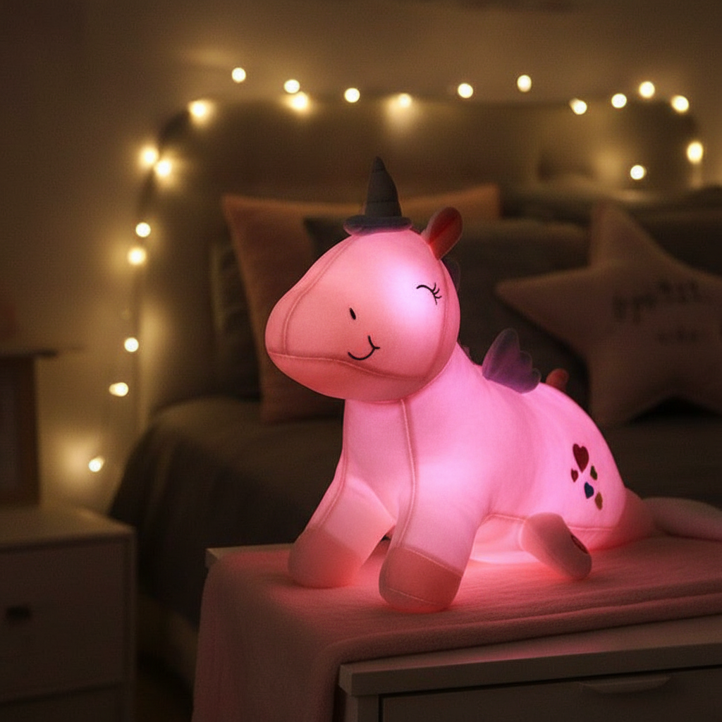 Zacht pluche eenhoorn kinderkussen Dreamhorn met geïntegreerd LED nachtlampje voor een rustige nachtrust.