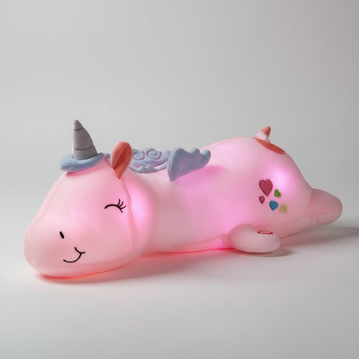 Comfortabel eenhoorn kinderkussen met LED verlichting; perfect als knuffeldier en nachtlampje voor kinderen.