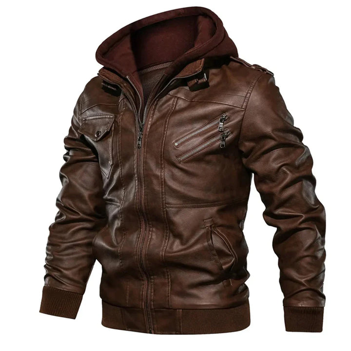 Grijze leren heren winterjas, winddicht en casual. Met afneembare capuchon voor duurzaam comfort.