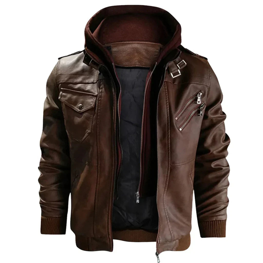 Zwarte leren herenjas met afneembare capuchon. Stijlvol, winddicht en duurzaam; ideaal als casual winterjas.