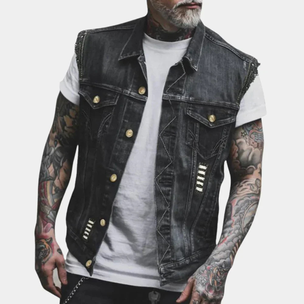 Heren mouwloos denim vest van Hoymans, ideaal voor een stijlvolle gelaagde look. Perfect voor casual mode herfst/winter.